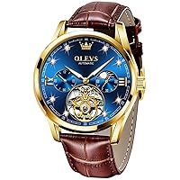 OLEVS Mens Leather Watches Automatic Mechanical Skeleton Tourbillon Diamond Luxury Self Winding Wrist Watches Moon Phase Waterproof Luminous