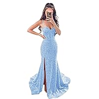 Sequin Mermaid Prom Dresses Long 2023 Spaghetti Strap Formal Party Gowns with Slit
