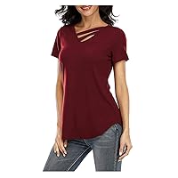Women Summer T-Shirt Hollow V Neck Short Sleeve Blouses Casual Tops Solid Loose Fitted Tunic Comfort Tee Top