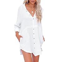 siliteelon Women's Button Down Shirt Dresses with Pockets Cotton Button Up Tunics Long Sleeve V Neck Solid Frayed Blouse Tops