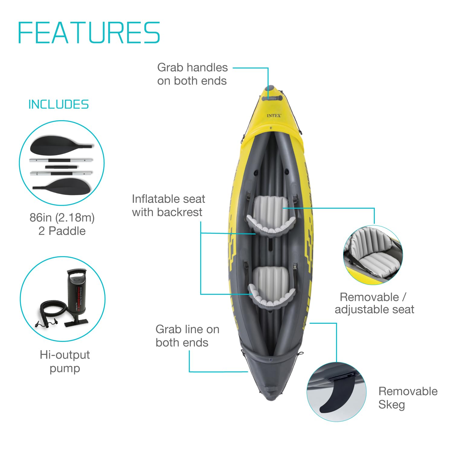 Intex Explorer K2 Kayak, 2-Person Inflatable Kayak Set with Two Aluminum Oars, Manual & Electric Pumps, Yellow