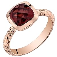 PEORA Red Garnet Solitaire Dome Ring for Women 14K Rose Gold, Genuine Gemstone Birthstone, 2.50 Carats Cushion Cut 7mm, AAA Grade, Sizes 5 to 9