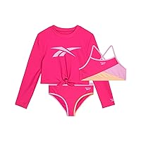 Reebok Girls' Rash Guard Set - 3 Piece UPF 50+ Long Sleeve Swim Shirt with Bikini Swimsuit - Swimwear Set for Girls (4-16)