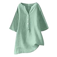 Women's Button Up Shirts Cotton Summer Short Sleeve Blouses V Neck Henley Shirt Casual Tunics Solid Color Tops