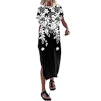 Women's Casual Loose Bat Sleeve Round Neck Long Dress Split Maxi Summer Beach Dress