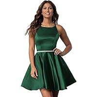 Short Homecoming Dresses Women's Scoop Neck Beaded Satin Prom Dress with Pockets