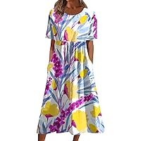 Midi Dresses for Women Casual Printed Summer Dresses Pleated Round Neck Daily Short Sleeve Loose Dresses