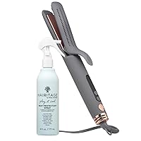 Hairitage Ceramic Tourmaline Flat Iron and Curler 2 in 1 + Heat Protectant Spray for Hair - Mother's Day Gift Set - 1.25 Inch Automatic Airflow Styler - Curved Edges for Curling and Straightening