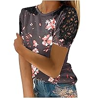 Womens Lace Short Sleeve T-Shirt Summer Floral Print Cute Tops Trendy Crochet Eyelet Shirts Casual Crewneck Blouse