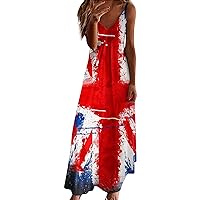 Summer Midi Dresses for Women 2024,Women Summer Casual Sexy Sleeveless Sling V Neck Long Independence Day Print