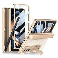 Z fold 4 Case 5g 360 Degrees Full Protection Cover for Samsung Galaxy Z Fold 4 Built -in Screen Protector with S Pen Box and Stand Leather Cell Phone Case - Gold