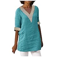 Womens Summer Tops 2023,Casual V Neck Lace Trim Summer Tops for Women 2023 Trendy Soild Color Linen Tops T-Shirts