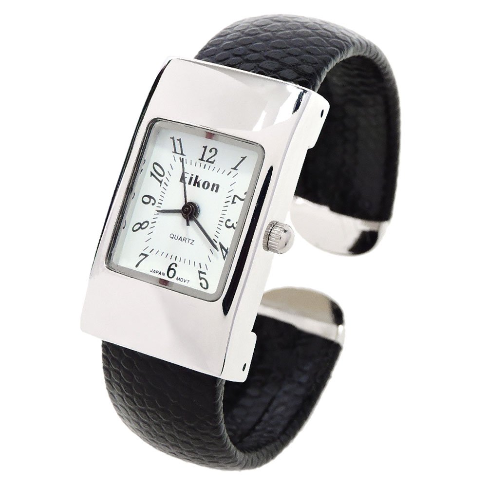 Black Silver Leather-Like Band Rectangle Case Easy to Read Small Size Women's Bangle Cuff Watch