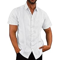 Mens Short Sleeve Guayabera Cuban Shirt Linen Cotton Shirt Button Down Summer Beach Tops