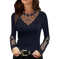 Women Lace Blouses V Neck Sexy Floral Hollow Long Sleeve T Shirts Summer Cold Shoulder Tops Casual Dressy Tunic Tshirt