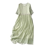 Women's Vintage Embroidered Dress Plain Round Neck Short Sleeve Casual Midi Dresses Summer Beach Loose Flowy Sundress