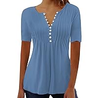 Women Pleated Textured Short Sleeve Henley Tunic Tops Summer Fashion Button V-Neck Casual Solid Dressy Tee Blouses