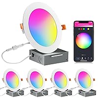 4 Pack 6 Inch Ultra-Thin Smart WiFi Recessed Lighting, Canless Downlight, RGBWW Color Changing Lights with Junction Box Work with Alexa/Google Assistant