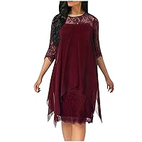 Dresses for Women 2024 Fashionable Lace Patchwork 3/4 Sleeve Mid Length Knee Length Chiffon Dress