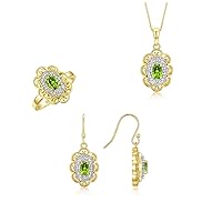 Rylos Women's Yellow Gold Plated Silver Floral Halo Pendant Necklace, Earrings & Matching Ring. Gemstone & Genuine Diamonds, 18