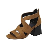 Comfortable Ladies Fashion Leather Snakeskin Hollow Open Toe Thick High Heel Back Zipper Roman Flat Sandals for Wome