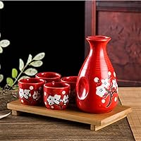 CoreLife Sake Set, Traditional 5-Piece Porcelain Ceramic wide Japanese Sake Sets with 12oz Bottle and 4 2oz Sake Cups - Red Cherry Blossom
