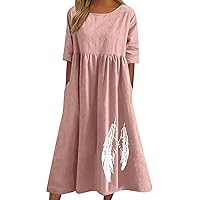 Casual Summer Dresses for Women 2024 Elegant Short Sleeve Crewneck Dress with Pockets Cotton Linen Flowy Dress