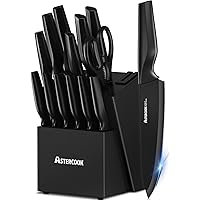 Astercook Knife Set, Kitchen Knife Set with Built-in Sharpener Block, Dishwasher Safe, 15 Pieces German Stainless Steel Knife Block Set, Black