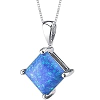 PEORA Solid 14K White Gold Created Blue Opal Pendant for Women, Classic Solitaire, Princess Cut, 8mm, 1 Carat total