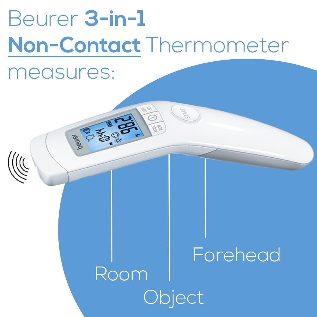 Beurer 3-in-1 Forehead Non-Contact, Body, Surface, Room Temperature, High Accuracy, Large Blue Backlit LCD Display Thermometer, 60 Memory Spaces, FT90 White, 32 Count (Pack of 1)