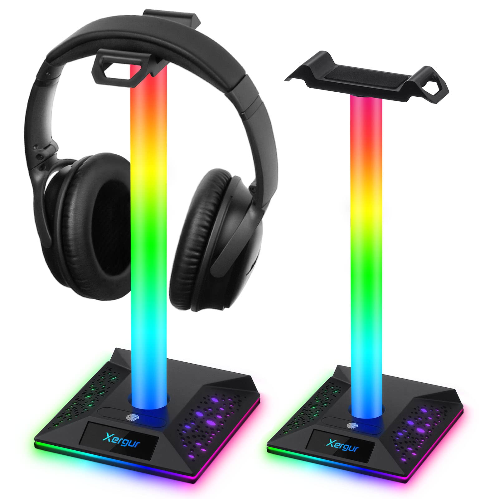 Xergur Gaming Headphone Stand PC Accessories, RGB Headset Stand with 2 USB Charger, Cool LED Headphone Holder PC Gaming Accessories Gift for Boys Men Gamers, Computer Game Hardware for Desk