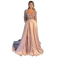 Women's Sparkly Sequin Prom Ball Gown with Pockets Long Sleeve Satin Formal Evening Dress with Slit