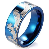 Men's 8mm Blue Tungsten Ring Engraved Waves Pattern Wedding Band