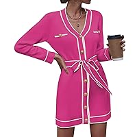Pink Queen Women's V Neck Long Sleeve Mini Dress Elegant Button Down Open Front Color Block Knit Sweater Cardiagns with Belt