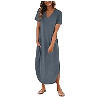 XJYIOEWT Formal Plus Size Dresses,Women's 2024 T Shirt Dress Short Sleeve V Neck Solid Long Dress Side Split Casual Dres