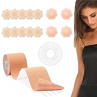 Boob Tape, Boobytape for Breast Lift, Bob Tape for Large Breasts A-G Cup with 1 Breathable Breast Lift Tape, 2 Pair Reusable Silicone Nipple Stickers, 5 Pairs Satin Breast Petals, 36 Pcs Clothing Tape