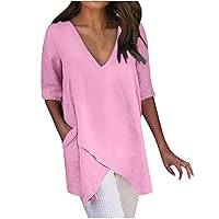 Womens Loose Casual Tops Solid Color V-Neck Cotton Linen Comfy Tees 2024 Summer Short Sleeve Mid-Length Split Hem Tshirt