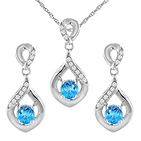 14K White Gold Natural Swiss Blue Topaz Earrings and Pendant Set with Diamond Accents Round 4 mm