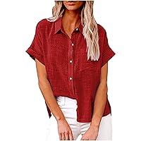 Womens Cotton Linen Blouse 2024 Summer Turndown Collar Pocket Short Sleeve Tops Basic Solid Color Button Down Shirts