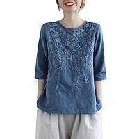 Women Retro Cotton Linen Tshirt Solid Color Half Sleeve Blouse Embroidery Loose Round Neck Top Summer Zen Tea Tee