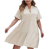 Oversized Babydoll Knee Length Dress Flowy Tiered Ruffle A-Line Dress Summer Short Sleeve V Neck Casual Shirt Dress