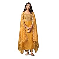 Yellow Embroidered Pure Silk Indian Muslim Women Wear Cocktail Party Straight Salwar Kameez 1507