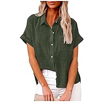 Women Cotton Linen Button Down Shirts Short Sleeve Office V Neck Collared Blouses Casual Work Tops with Chest Pocket
