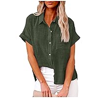 Womens Cotton Linen Button Down Shirts Roll Up Short Sleeve Blouse Causal V Neck Shirt Summer Blouses Tops with Pocket