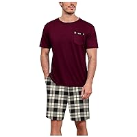 Mens Pj Set Summer Short Sleeve T-Shirt + Shorts Pajamas Set Crewneck Plaid Two Piece Comfortable Sleepwear
