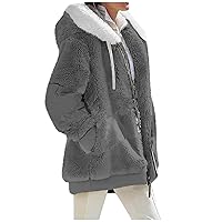Winter Coats for Women Fuzzy Fleece Jacket Zipper Hooded Color Block Patchwork Cardigan Sherpa Outerwear with Pocket