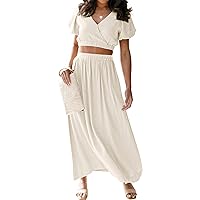 MEROKEETY Women's Summer Two Piece Outfits V Neck Puff Sleeve Crop Top and Flowy Maxi Skirt Set
