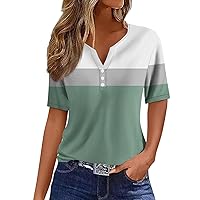 T Shirts for Women,Short Sleeve Tops for Women Loose V Neck Button Boho Tops for Women Going Out Tops for Women