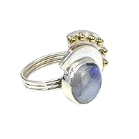 Natural Rainbow Moonstone Ring Round Stone Two Tone Genuine Gemstone Jewelry