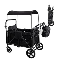 Wagon Stroller Folding Wagon Push-Pull Stroller Four-Wheel Trolley for 4 Kids with 5-Point Harnesses Safety Belt,Detachable Seats,Removable Canopy,Double Push bar for 1-5y+ Kids